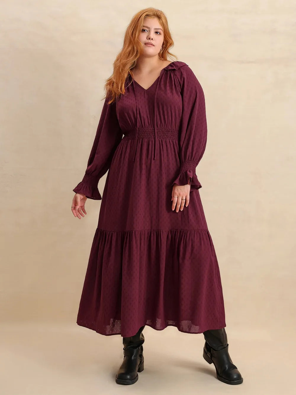 Plus Size Swiss Dot Tie Neck Flounce Sleeve Maxi Dress | Maxi Dresses Daverri Fashions