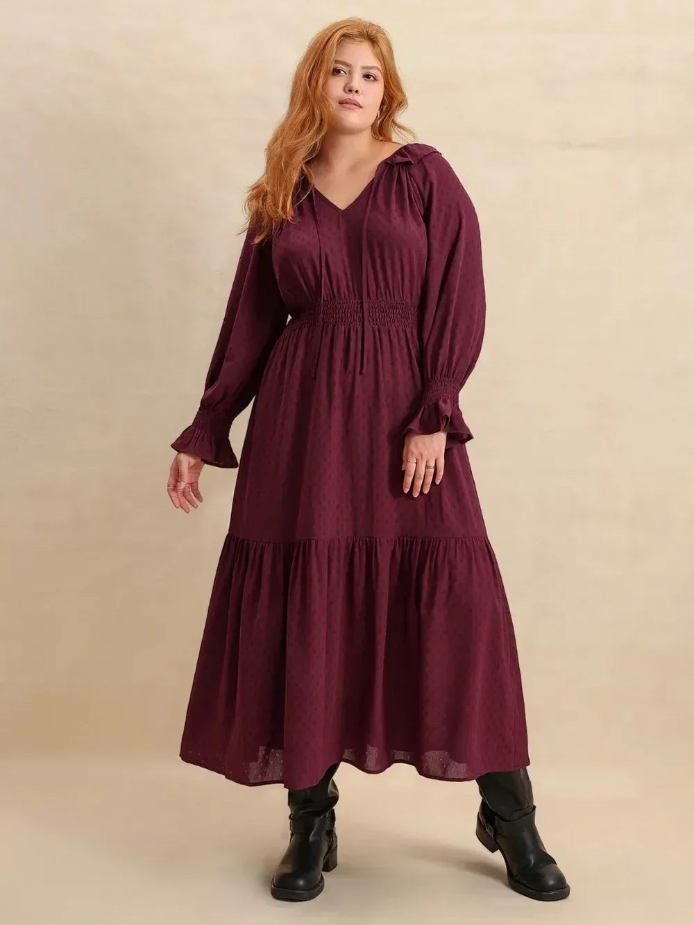 Plus Size Swiss Dot Tie Neck Flounce Sleeve Maxi Dress - DAVERRI FASHIONS