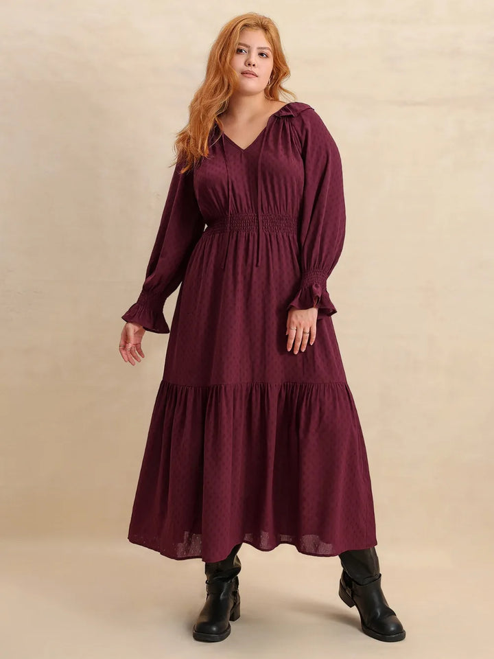 Plus Size Swiss Dot Tie Neck Flounce Sleeve Maxi Dress | Maxi Dresses Daverri Fashions