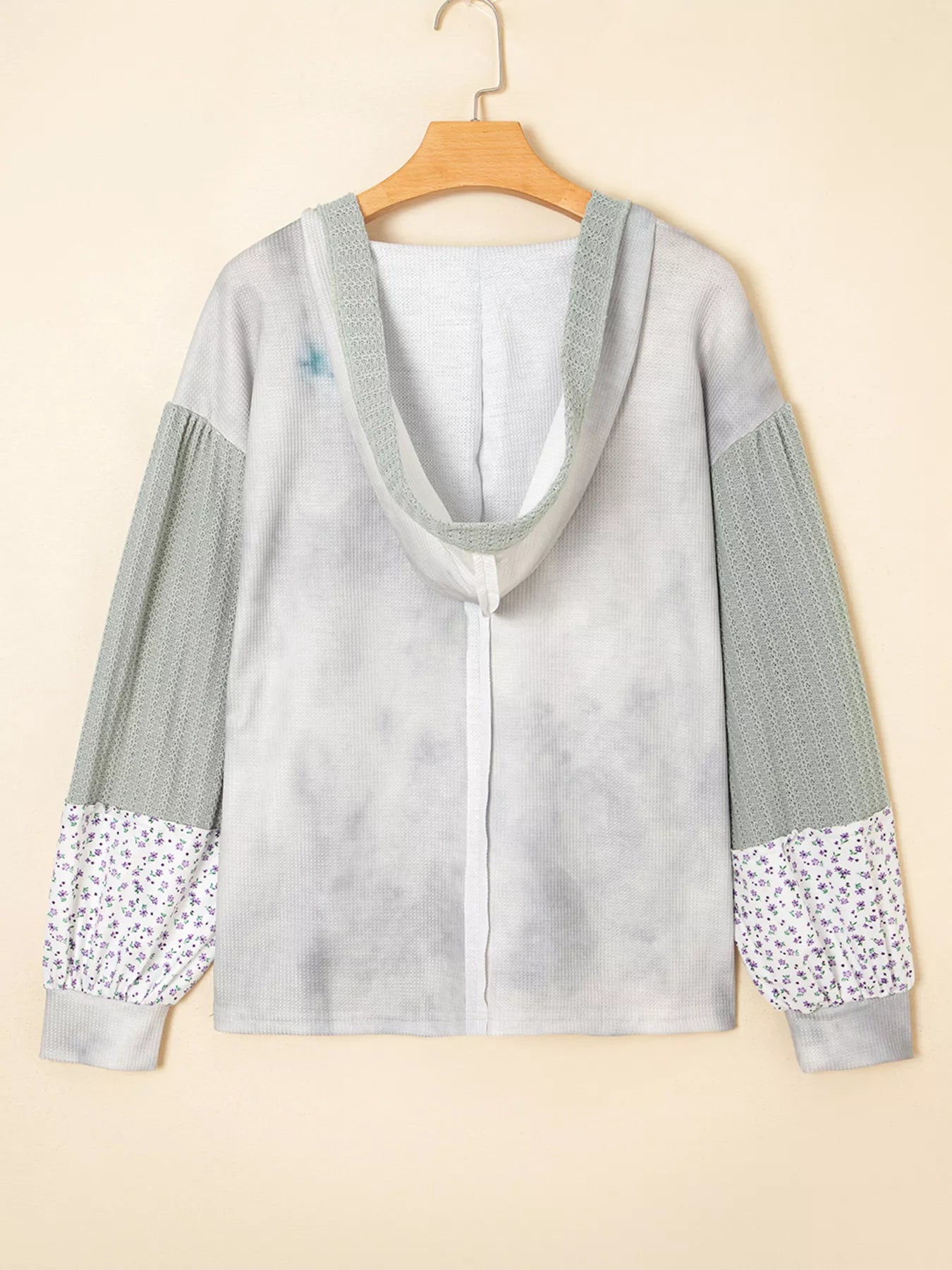 Floral Patched Waffle Textured V Neck Casual Hooded Top | Tops Daverri Fashions