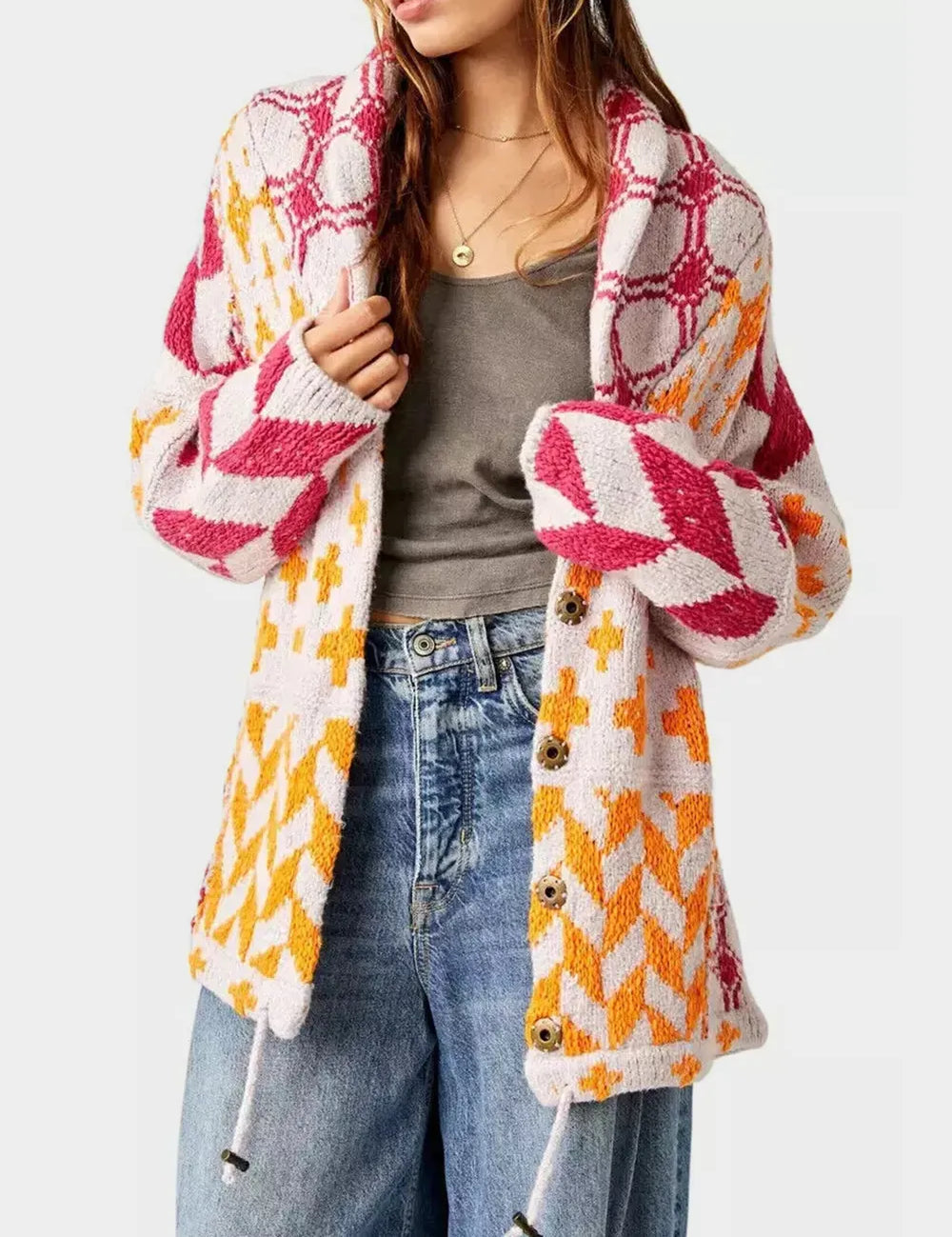 Hot Pink One Size Collared Neck Long Sleeve Cardigan | Cardigans Daverri Fashions