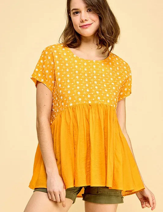 ORANGE Lime 'N' Chili Embroidered Short Sleeve Pleated Babydoll Top | Tops Daverri Fashions
