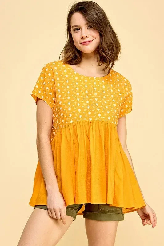 Lime 'N' Chili Embroidered Short Sleeve Pleated Babydoll Top - DAVERRI FASHIONS