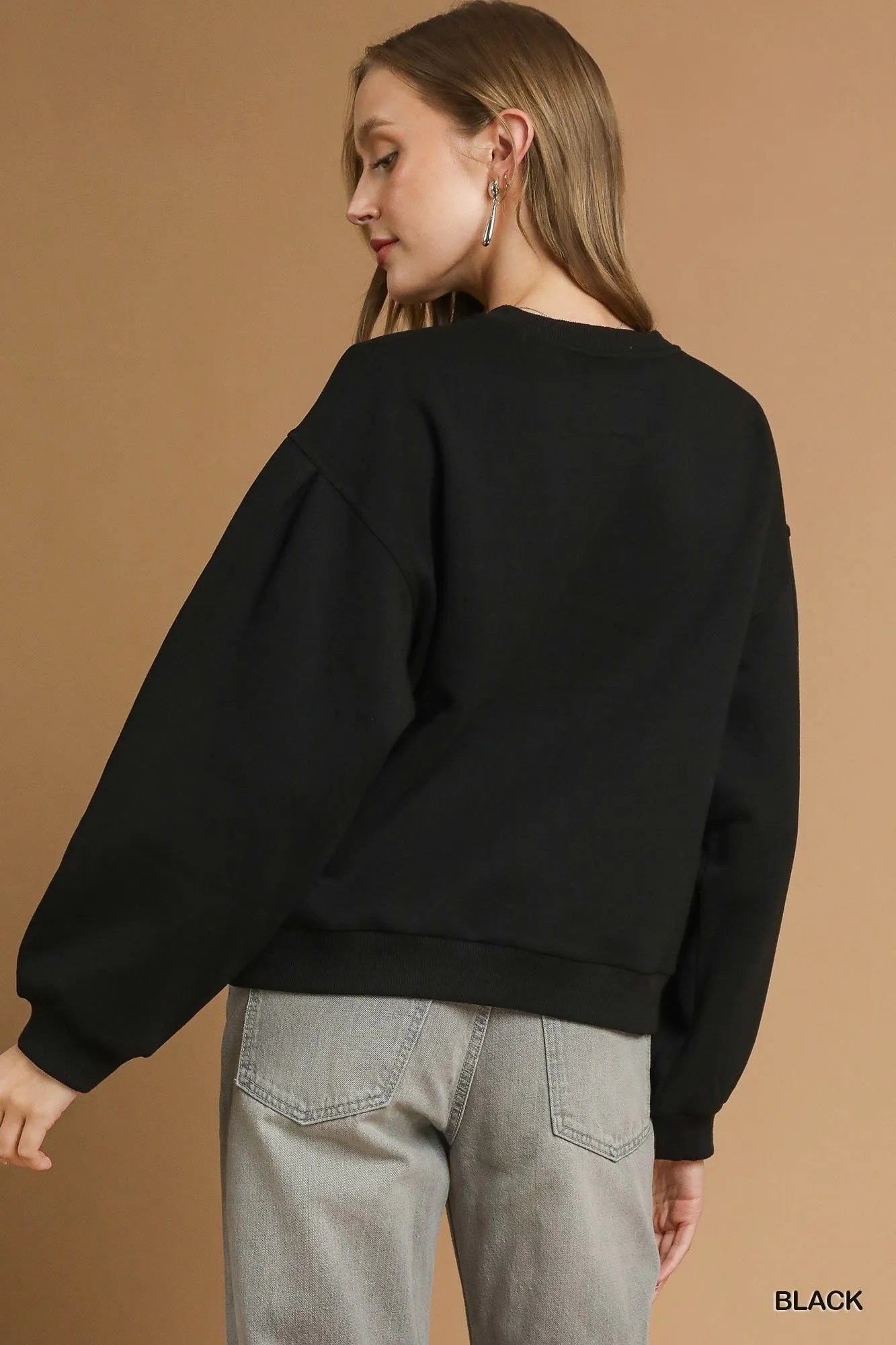 Umgee Round Neck Sweatshirt with Pleated Detail | Daverri Fashions