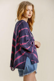 Umgee Tie Dye Side Slit Round Neck Distressed Detail Sweater | Sweaters Daverri Fashions