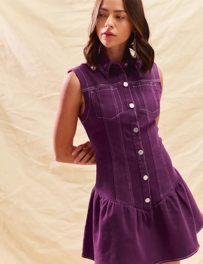 PURPLE SO ME Button Down Sleeveless Collared Game Day Mini Dress | Mini Dresses Daverri Fashions