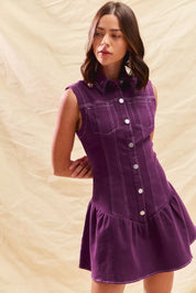 PURPLE SO ME Button Down Sleeveless Collared Game Day Mini Dress | Mini Dresses Daverri Fashions