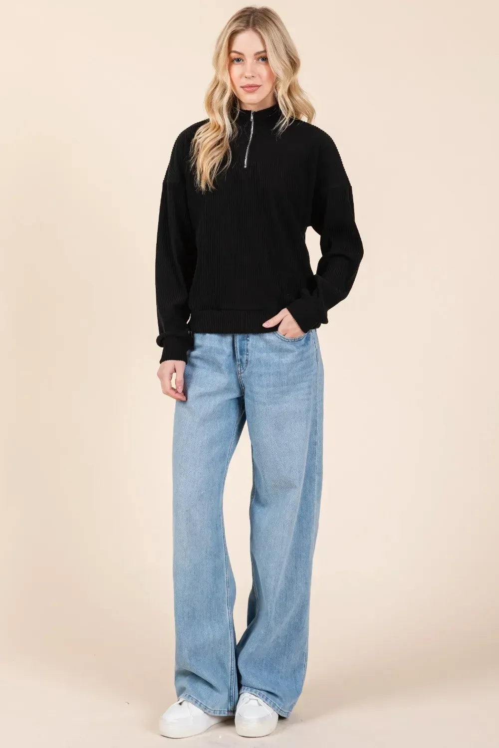 BOMBOM Quarter Zip Long Sleeve Sweatshirt with Pockets - DAVERRI FASHIONS