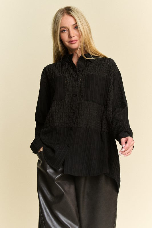 Davi & Dani Crinkled Jacquard Button Down Shirt Black Tops