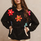 BiBi Floral Patched Black Hoodie Top Size L with colorful crocheted flowers