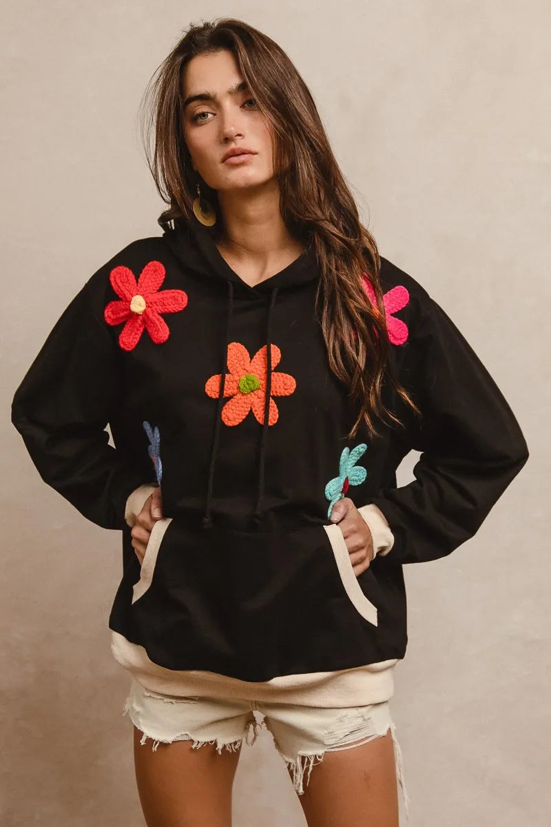 BiBi Floral Patched Black Hoodie Top Size L with colorful crocheted flowers