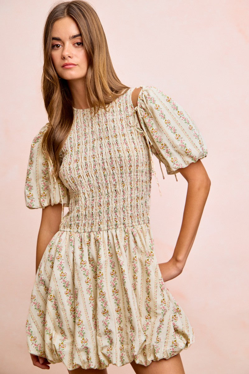 BiBi Floral Bow Tie Attachable Puff Sleeves Dress, cream floral print