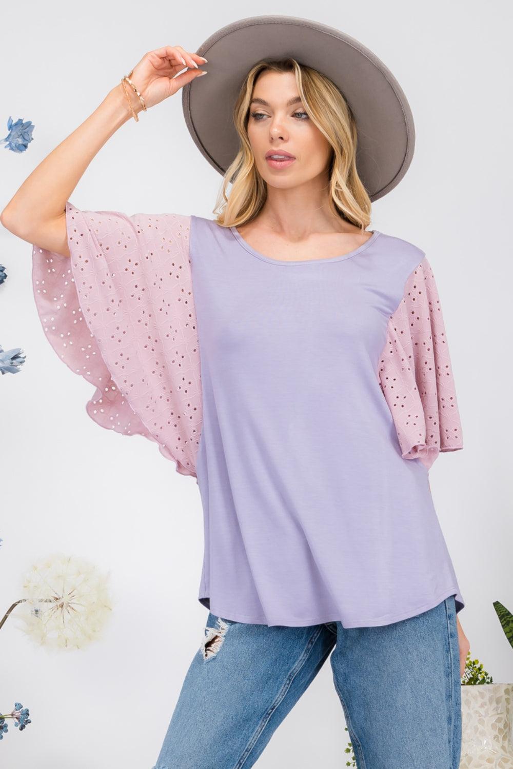 Contrast Eyelet Ruffle Sleeve Blouse Lilac Shirts & Tops