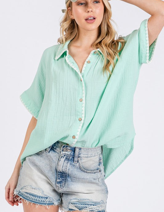 SAGE+FIG Boho Contrast Zigzag Trim Gauze Button-Up Shirt Mint Shirts