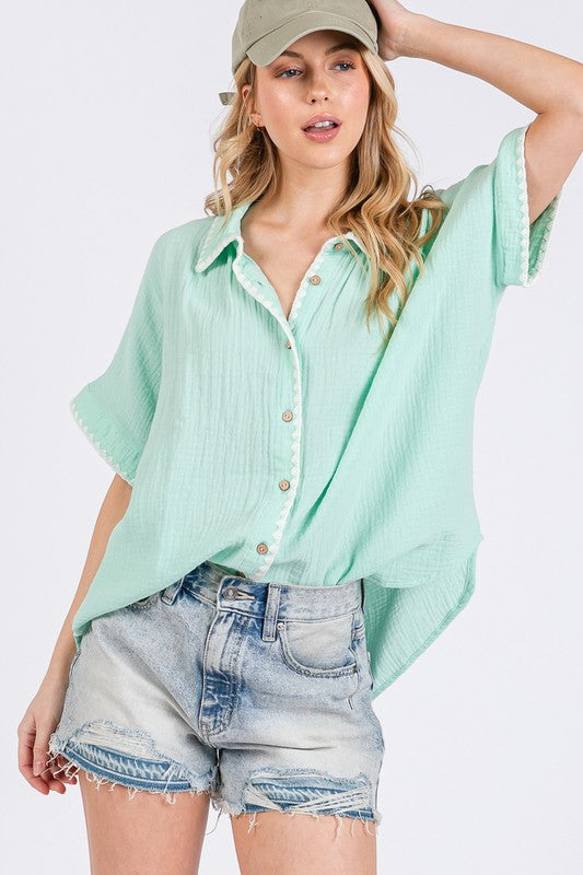 SAGE+FIG Boho Contrast Zigzag Trim Gauze Button-Up Shirt Mint Shirts