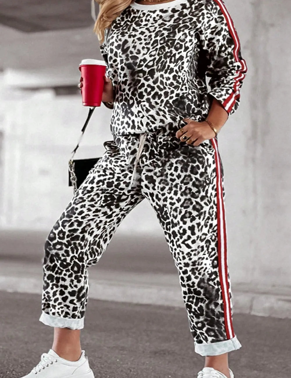 White Plus Size Leopard Round Neck Top and Pants Set | Loungewear Sets Daverri Fashions