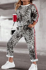 White Plus Size Leopard Round Neck Top and Pants Set | Loungewear Sets Daverri Fashions