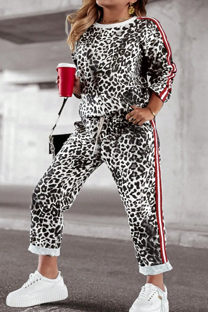White Plus Size Leopard Round Neck Top and Pants Set | Loungewear Sets Daverri Fashions