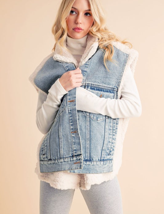 Aemi + Co Fake Two Pieces Denim Patch Sherpa Vest Coat