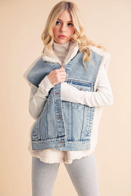 Aemi + Co Denim Patch Sherpa Vest Coat Jackets