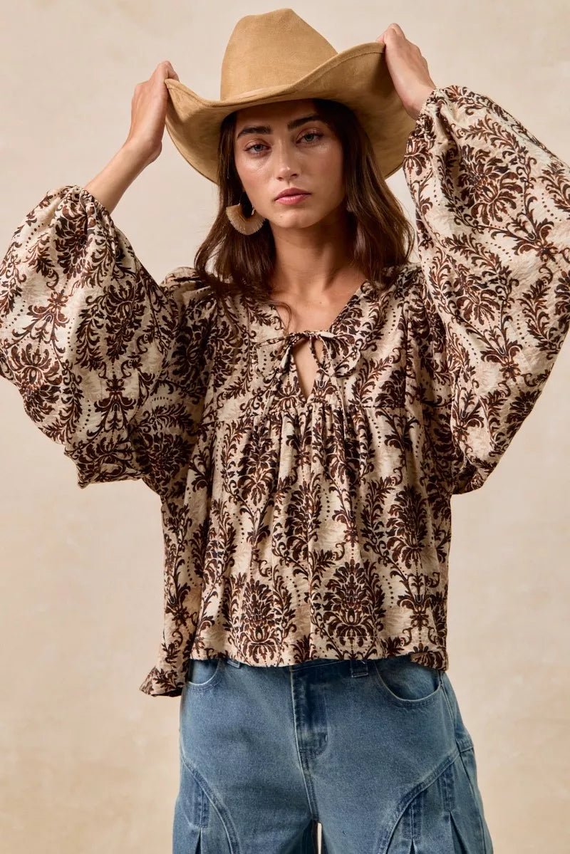 BiBi Printed Woven Front Tied Blouse with Baloon Sleeve | Blouses Daverri Fashions