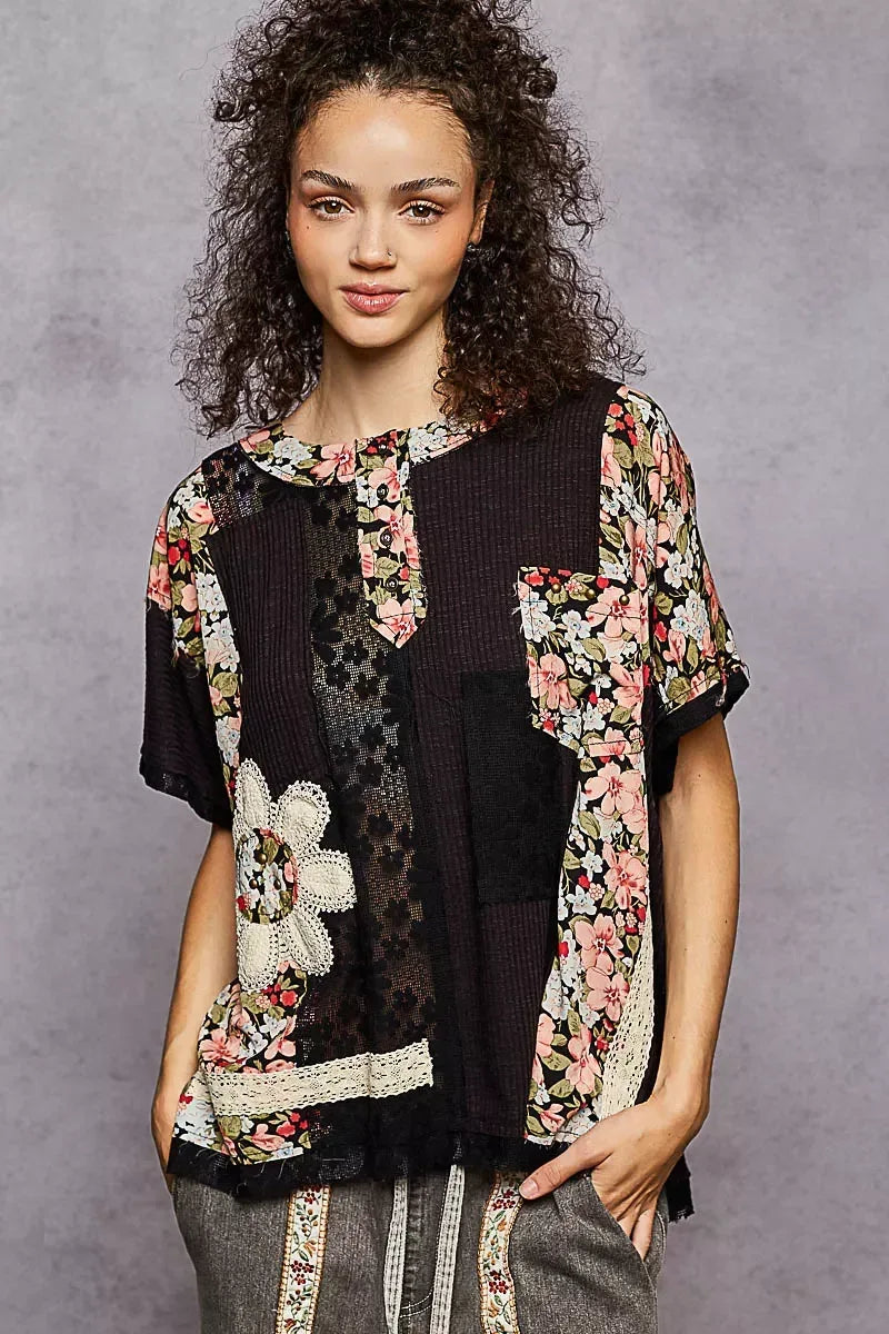 POL Lace Round Neck Short Sleeve Floral Pattern Top with Patch Detail - DAVERRI FASHIONS