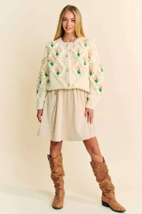 Davi & Dani cream knit cardigan with pink green floral embroidery