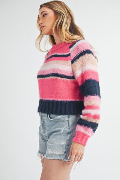 Aemi + Co Striped Ribbed Neckline Raglan Sleeve Sweater Sweaters