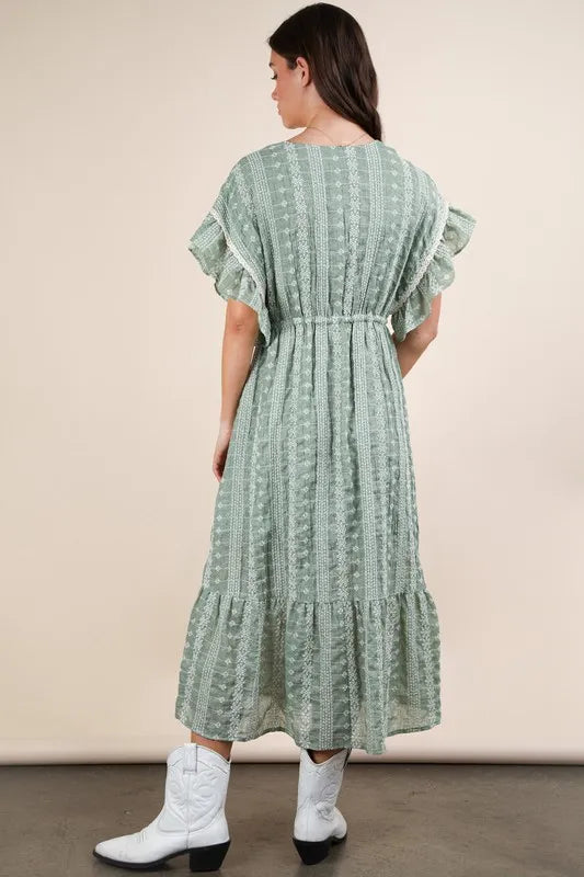 Very J mint green embroidered boho ruffled midi dress