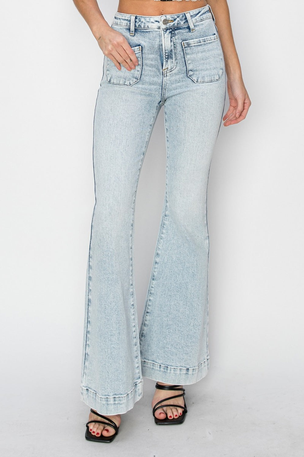 High Rise Front Patch Pocket Flare Jeans Acid Light Bottoms