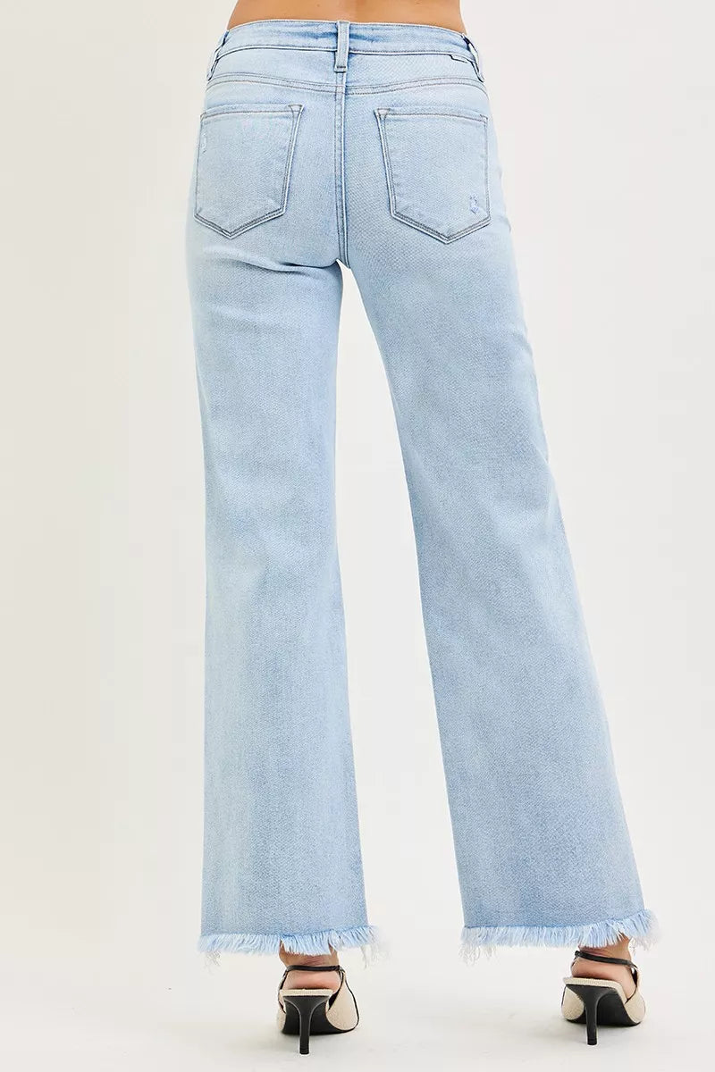 Light-wash wide-leg Risen tummy control mid-rise fray hem jeans