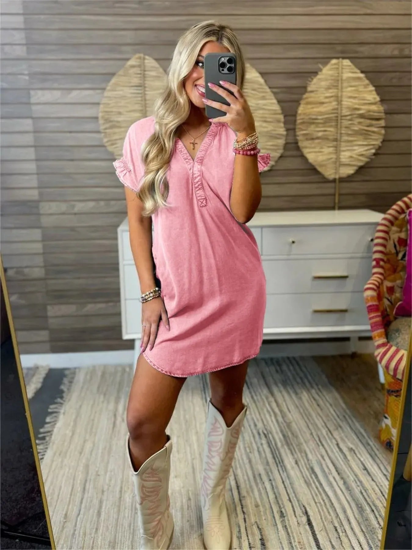 Pink Full Size V-Neck Short Sleeve Denim Dress Plus Size | Daverri Fashions