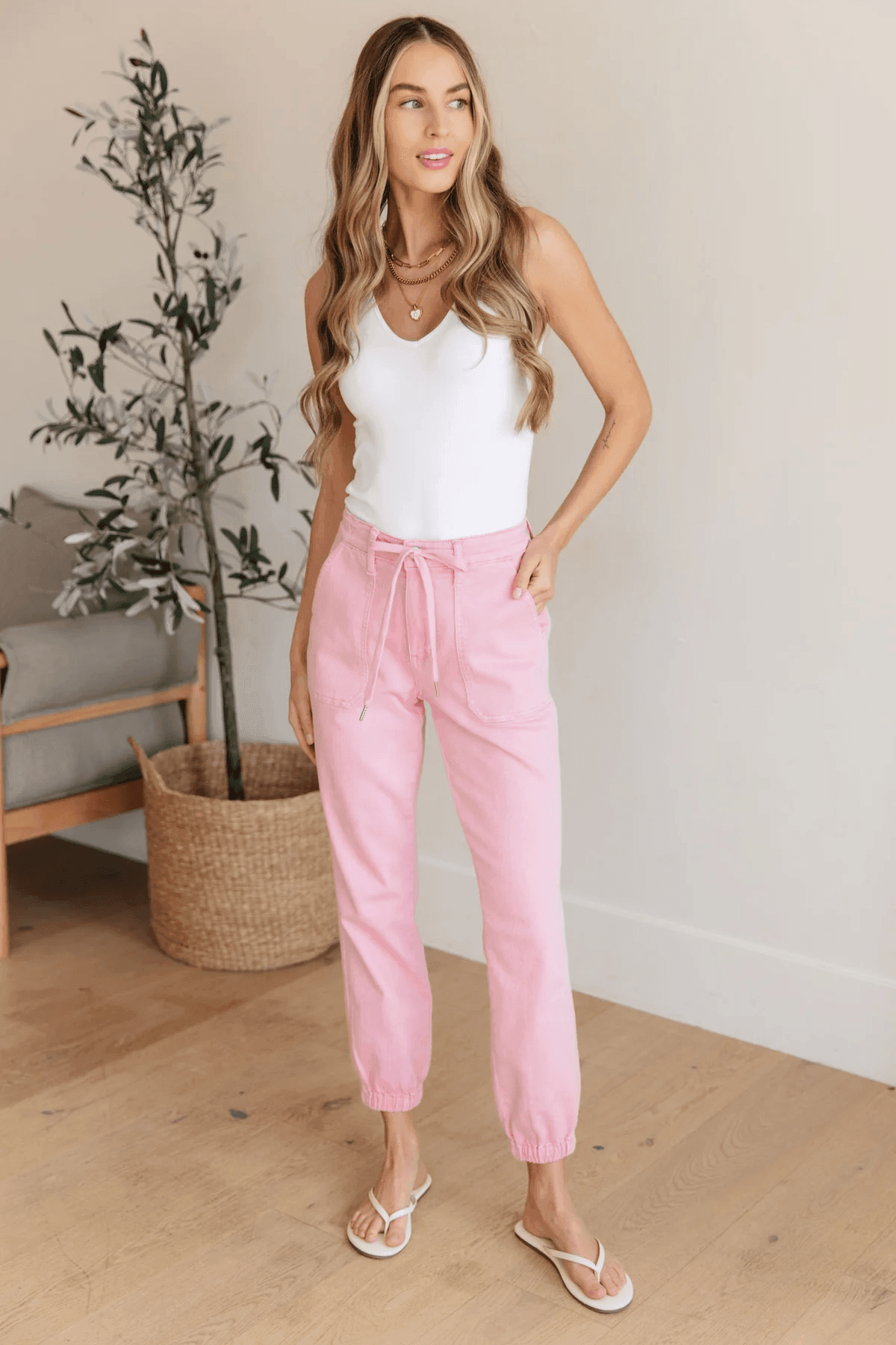 High Rise Pink Denim Joggers Denim Joggers