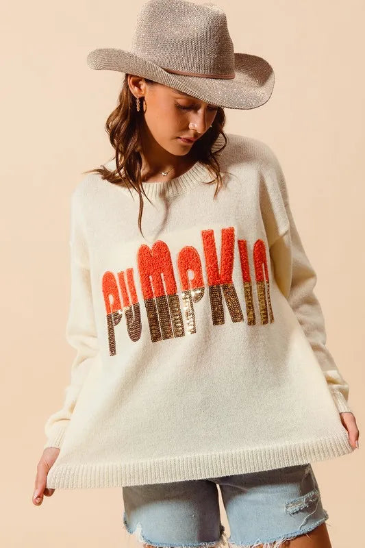 SO ME Contrast Sequin Pumpkin Slogan Sweater Top Sweaters