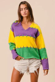BiBi Stitch Detail Mardi Gras multicolored striped sweater with cactus