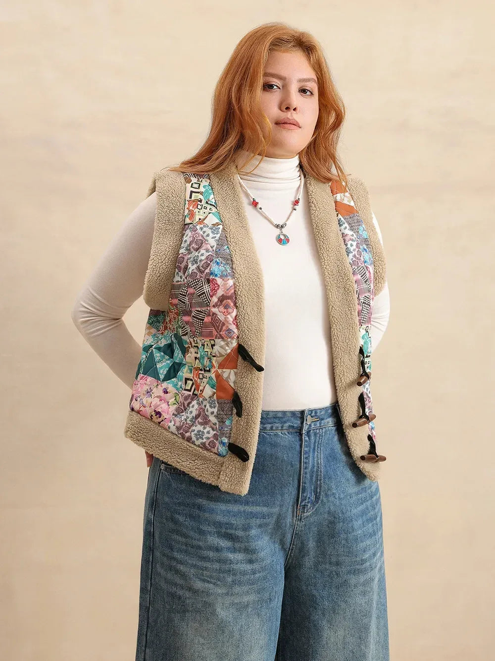 Plus Size Printed Sherpa Vest Coat - DAVERRI FASHIONS