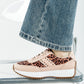 Genuine leather beige leopard print sneakers with studded side accents