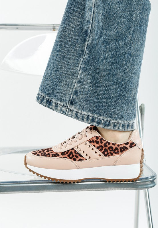 Genuine leather beige leopard print sneakers with studded side accents