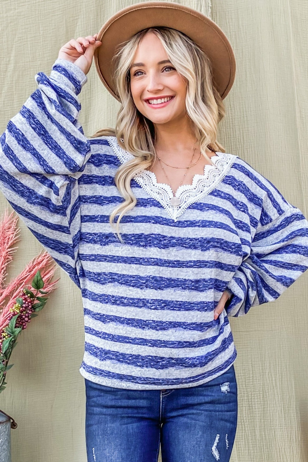 And The Why Striped Lace Detail V Neck Top BLUE