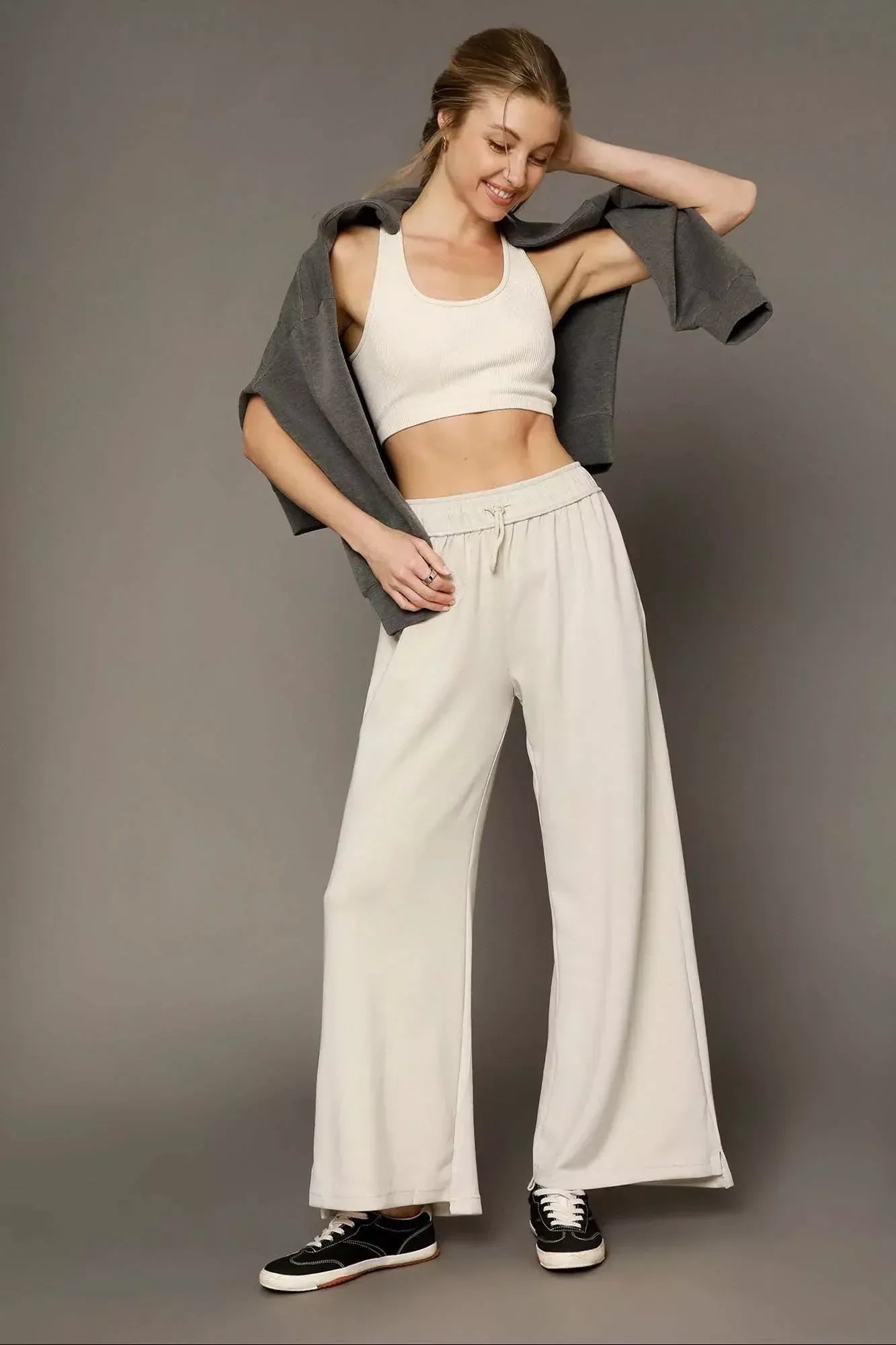 Umgee Elastic Drawstring Waistband Wide Leg Pants - DAVERRI FASHIONS