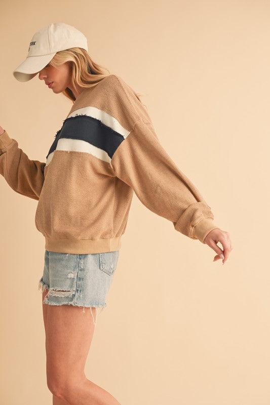 Aemi + Co Raw Hem Contrast Striped Dolman Sleeve Sweatshirt Sweatshirts