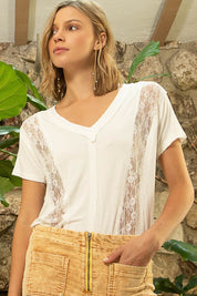 POL Inset Lace Outseam Detail Short Sleeve V-Neck T-Shirt Ivory