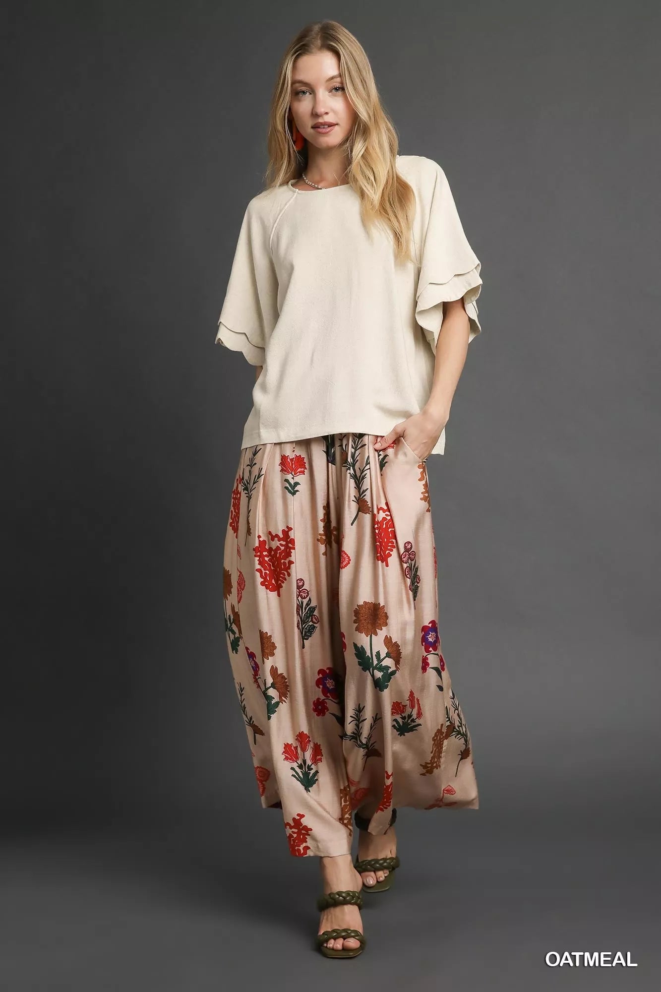 Umgee boho top with flowing oatmeal satin pants in red green floral pattern