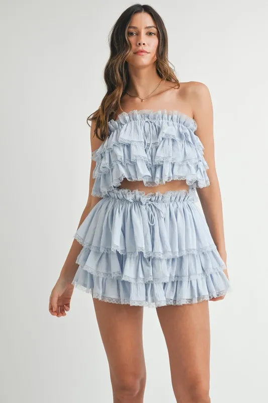 MABLE Ruffle Layered Crop Top and Mini Skirt Set Lt Blue S Outfit Sets