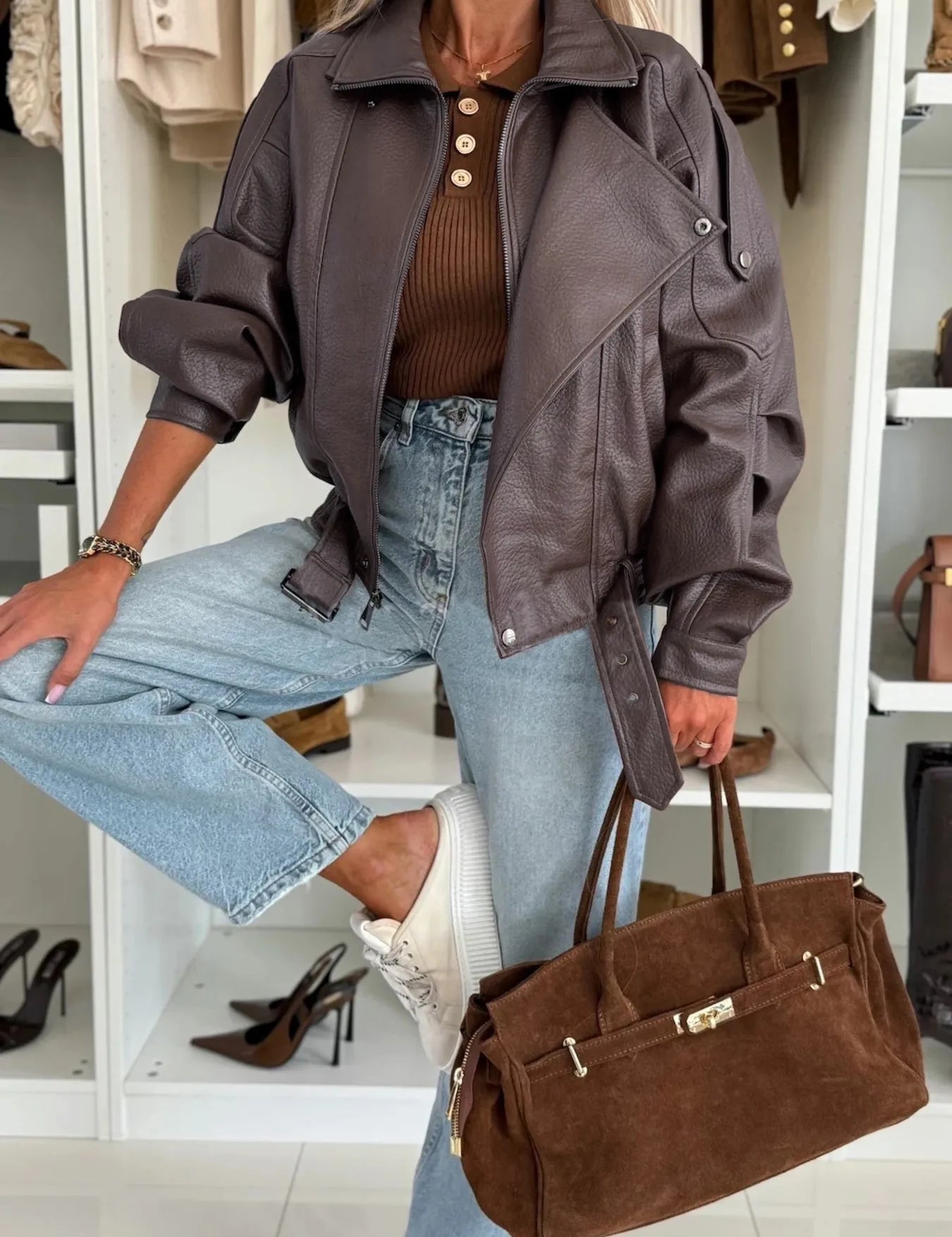 Brown Faux Leather Zip Up Moto Jacket | Jackets Daverri Fashions