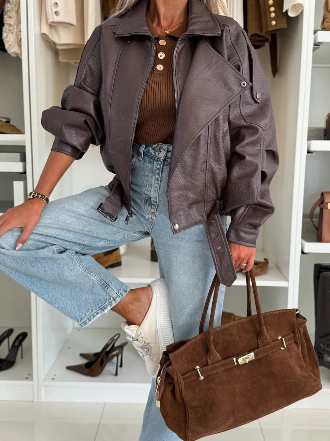 Brown Faux Leather Zip Up Moto Jacket | Jackets Daverri Fashions
