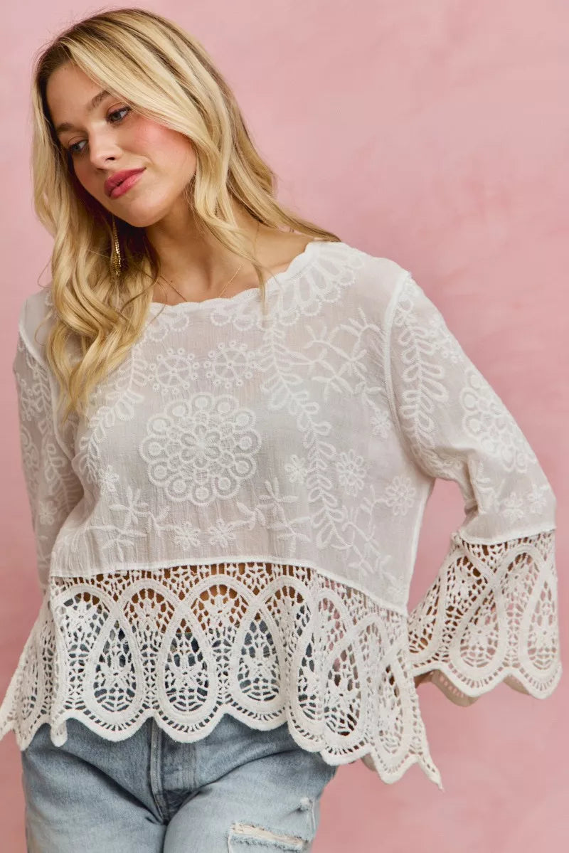SO ME floral embroidered crochet lace top with bell sleeves