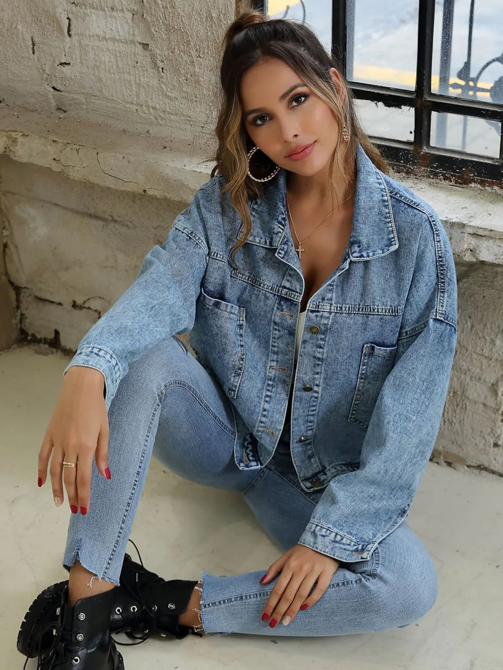 Button Down Drop Shoulder Denim Jacket | Denim Jackets Daverri Fashions