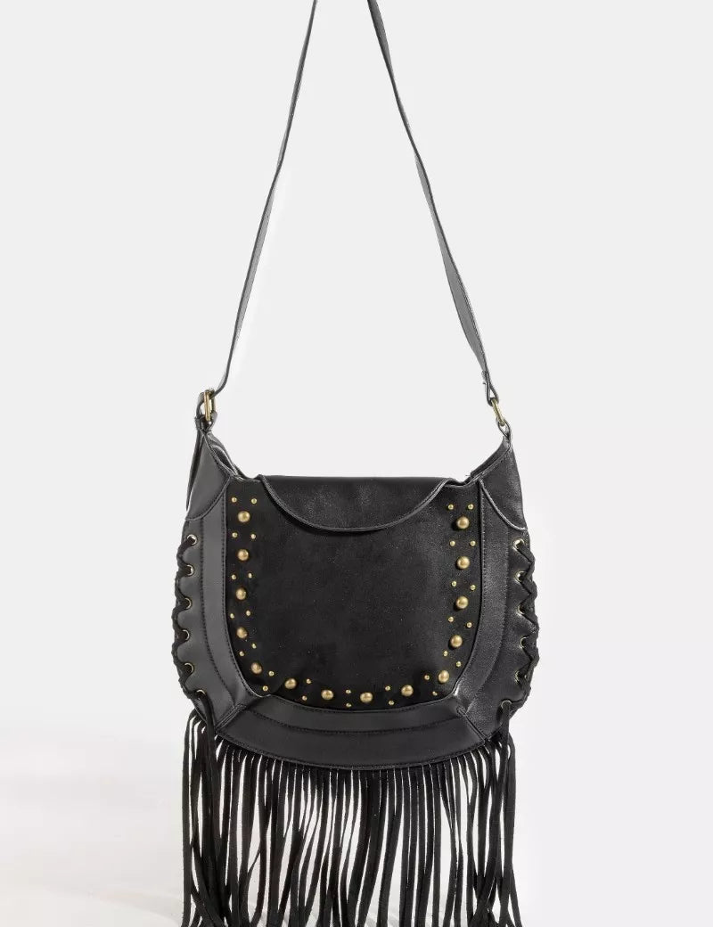 BK one size Fame Rivet Trim Suede Fringe Shoulder Bag | Handbags Daverri Fashions