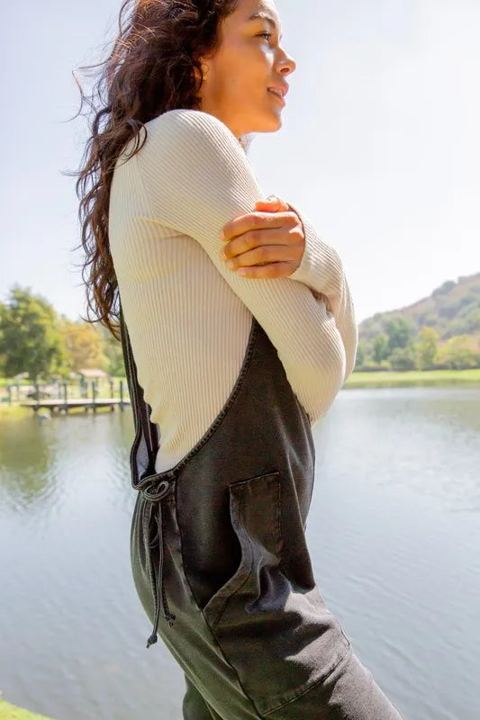 Mono B Drawstring Waist Spaghetti Strap Overalls with Pockets | Daverri Fashions